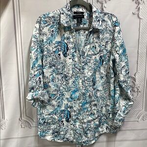 Tahari Blue and White Floral Bird roll tab Linen Shirt medium